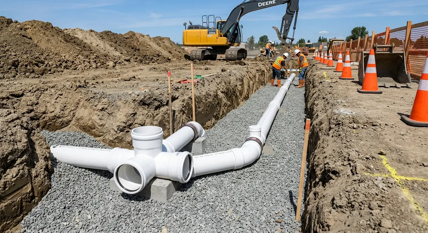New PVC sewer pipe installation in open trench for Grease Trap Cleaning in Glassboro