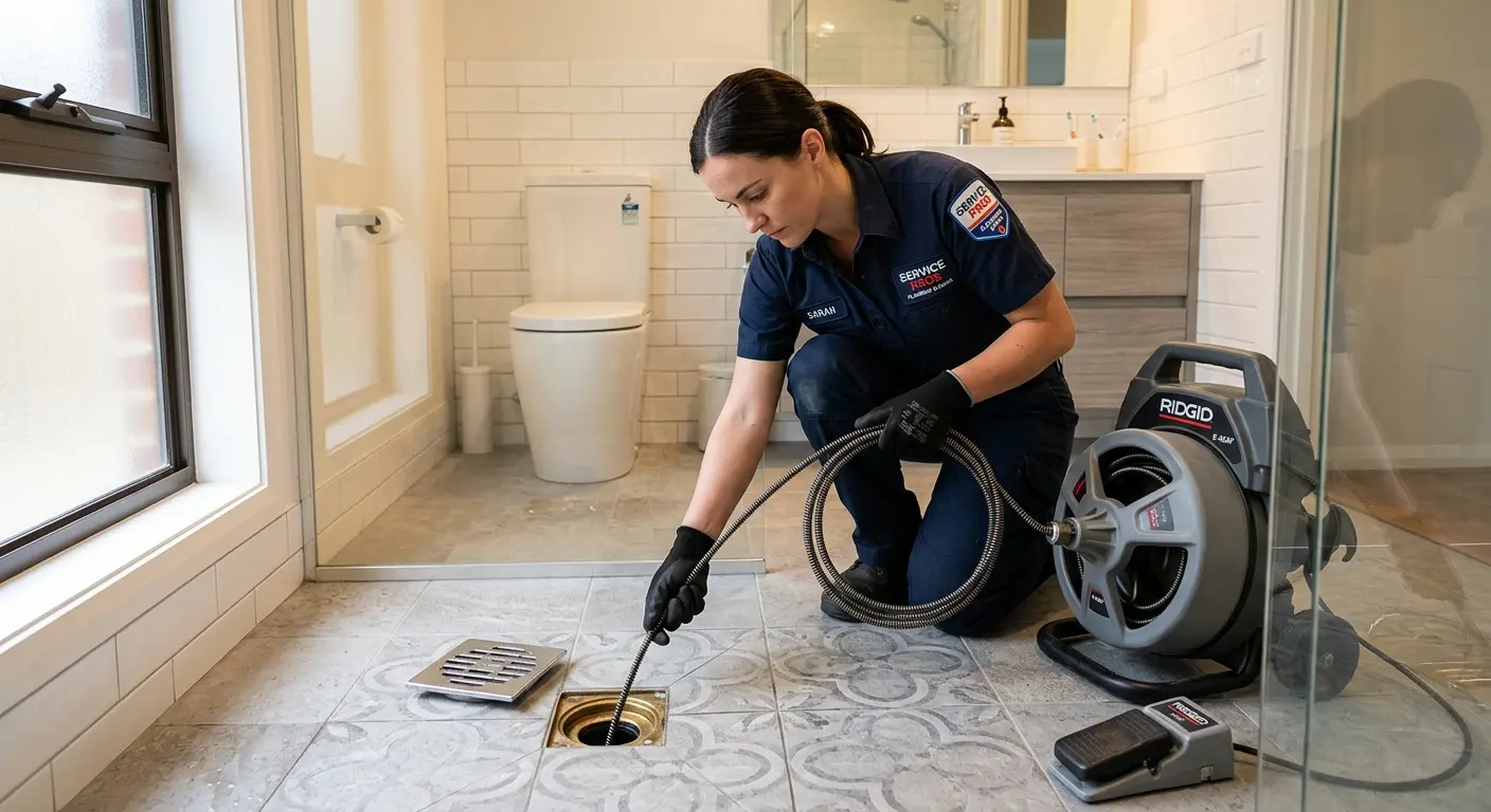 Technician clearing a bathroom floor drain for Hydro Jetting in Glassboro
